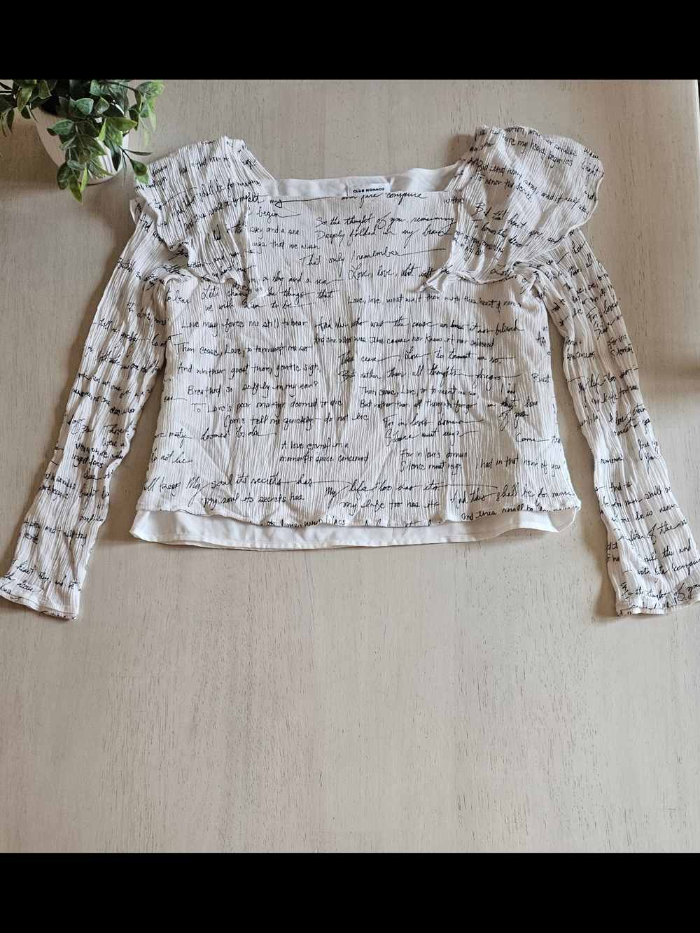 Club Monaco White Script-Print Long-Sleeve Blouse